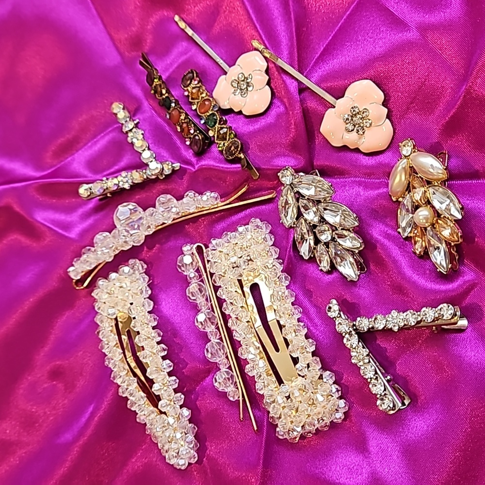 Rhinestone and Acrylic Crystal Hair Clips Lot of 14